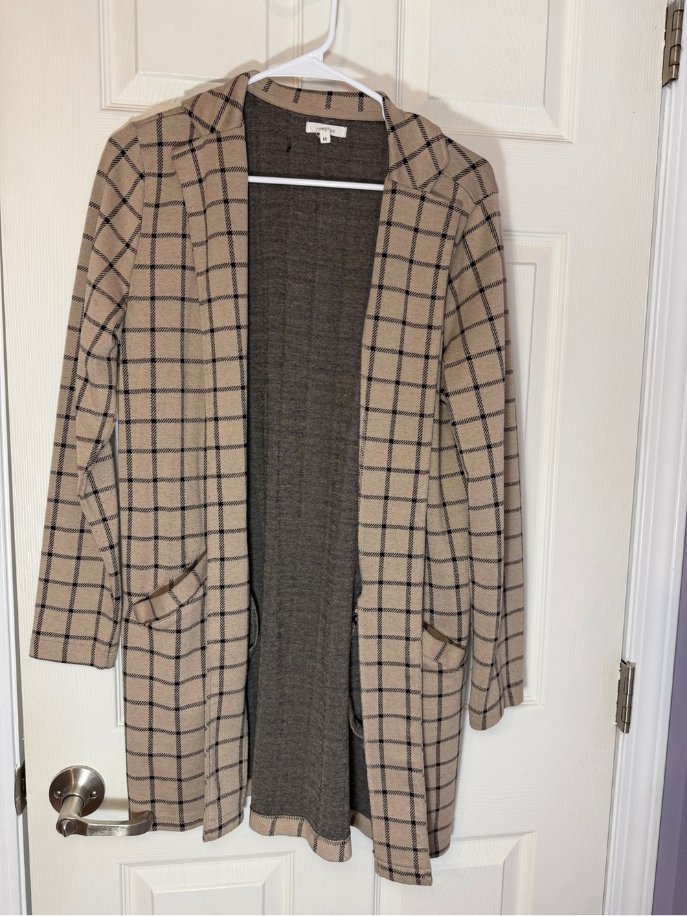 Maurices Beige Plaid Open-Front Cardigan